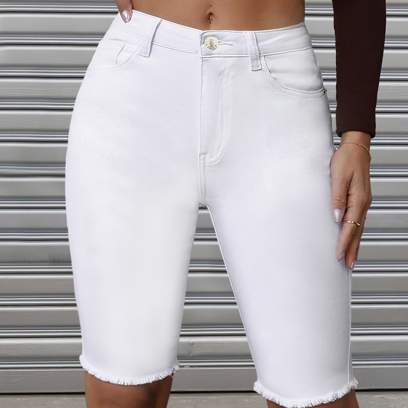 Chic White Denim Bermuda Shorts - Frayed Hem - Comfort Fit for Everyday Summer Wear