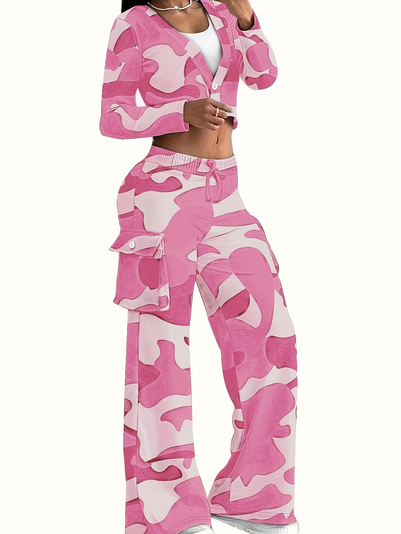 Fashionable Camouflage Print Womens Two-piece Set - Comfy Long Sleeve T-Shirt with Single Button & Drawstring Flap Pocket Pants - Casual Chic Outfit for Trendsetters