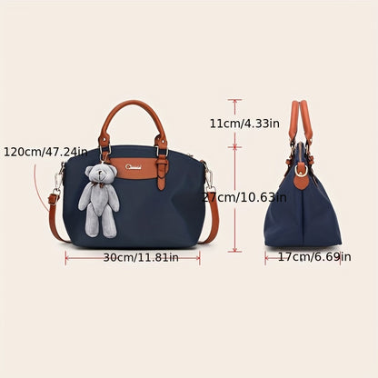 Classic Oxford Cloth Crossbody Bag for Women - Adjustable Strap Nylon Shoulder Purse with Bear Charm