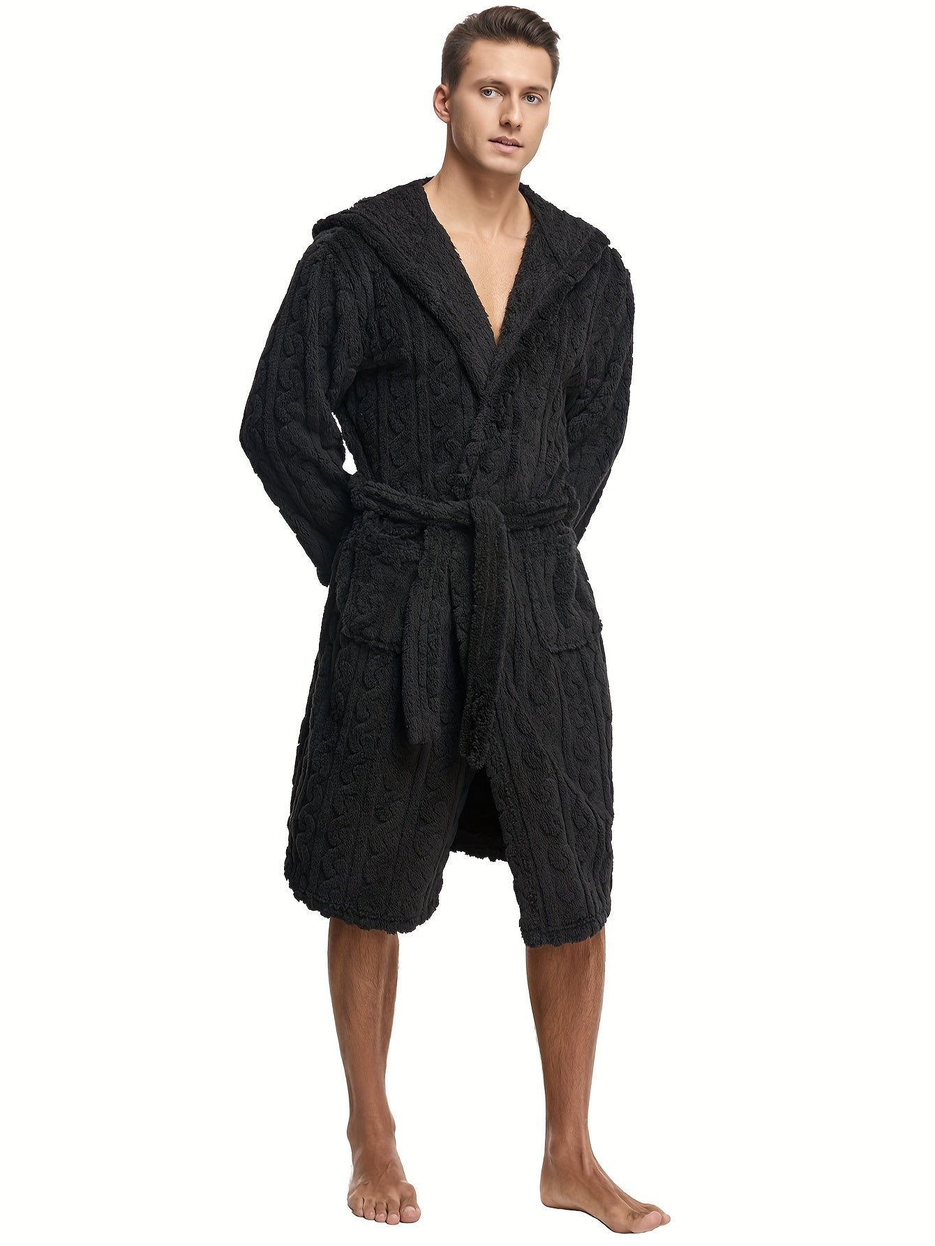 Men's Comfy Solid Fleece Robe Home Hooded Pajamas Wear With Pocket, One-piece Lace Up Kimono Night-robe Warm Sets After Bath