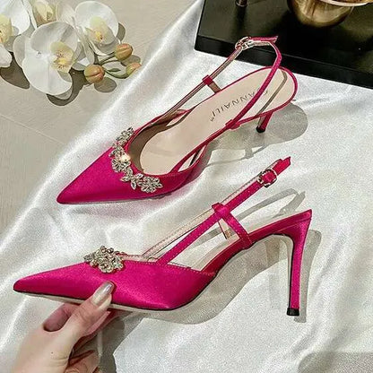 French Temperament High Heels Rhinestone Sandal Female Summer Pointed Satin White Wedding Bridesmaid Shoes Kq8