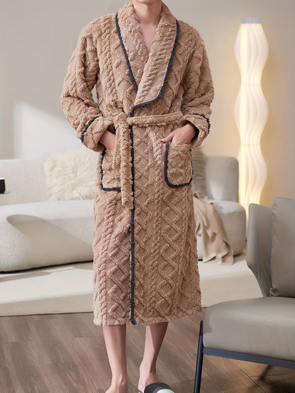 Men's Comfy Solid Fleece Robe Home Pajamas Wear With Pocket One-piece Lace Up Kimono Night-robe Warm Sets After Bath