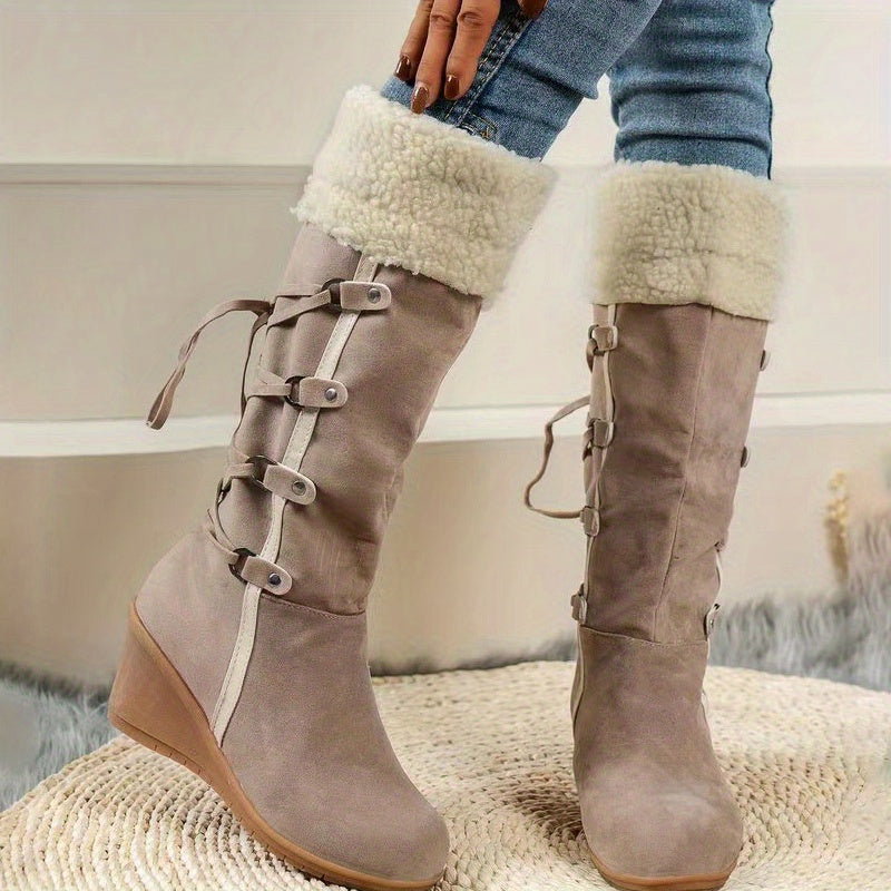 Stylish Plush Lined Wedge Heeled Boots - Knee-High Comfortable Dress Boots with Slip-On Design and Soft Inners for Women - Perfect for Casual and Formal Occasions