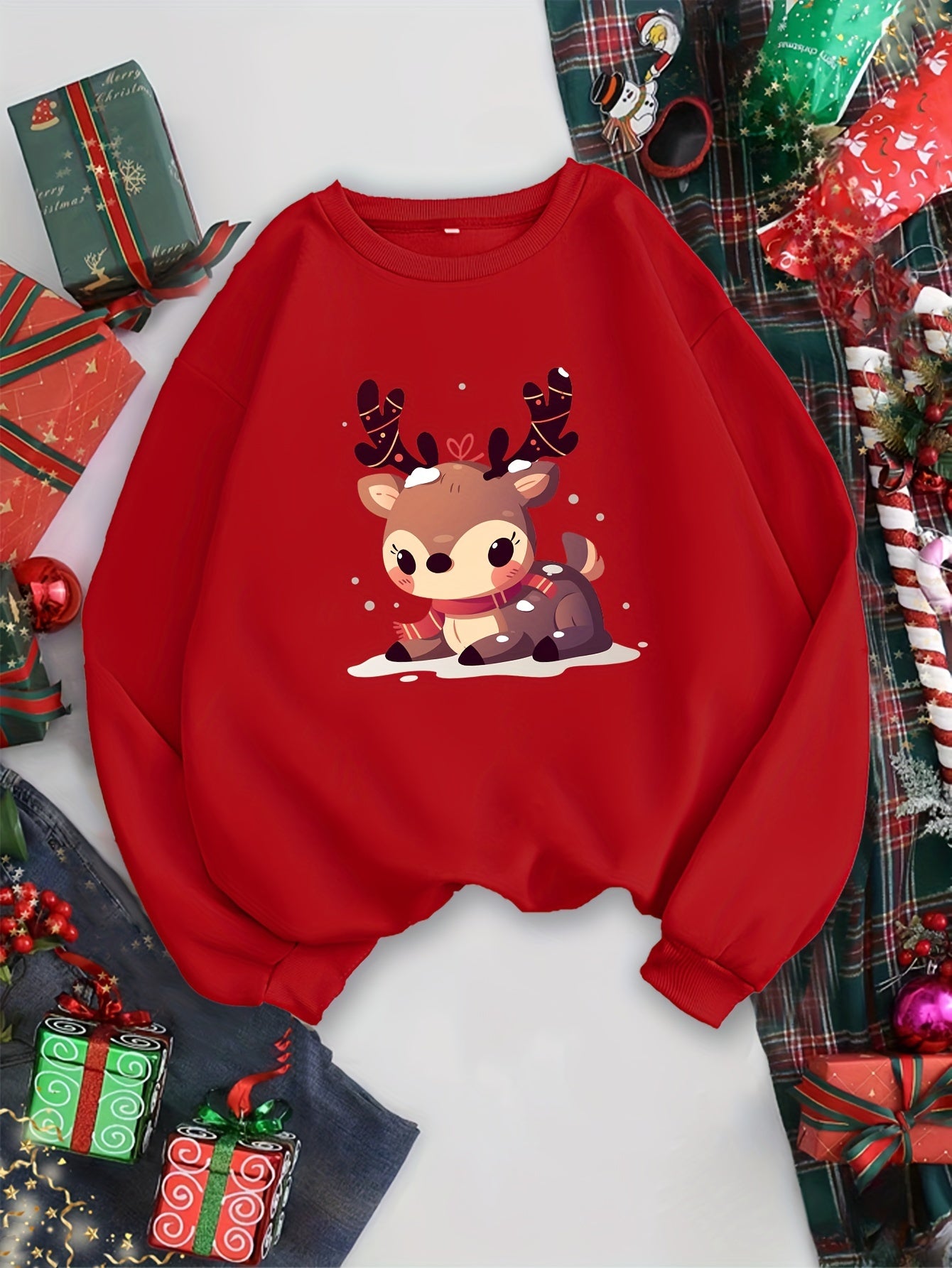 Girls' Christmas Reindeer Crew Neck Sweatshirt - Casual Polyester Long Sleeve Loose Fit Pullover with Alphabet Pattern Applique for Fall/Winter - Kids Fashion Knit Fabric Top