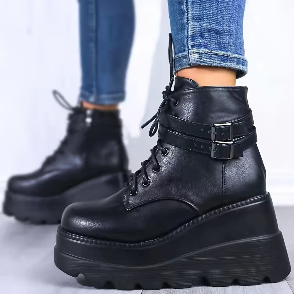 Low Heel Platform Ankle Boots for Women - Chunky Goth Round Toe Zipper Combat Boots with Casual Solid Color Design - Polyurethane Synthetic Leather, All-Season Wear