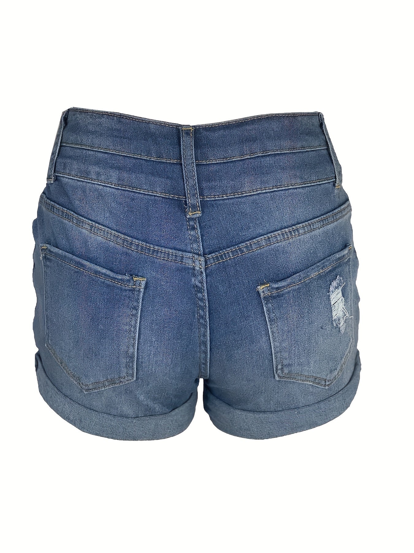 Mid-Stretch Solid Color Denim Shorts with Rolled Hem and Slash Pockets - Comfortable Casual Wear for Summer - Machine Washable, No Dry Clean, Woven Fabric