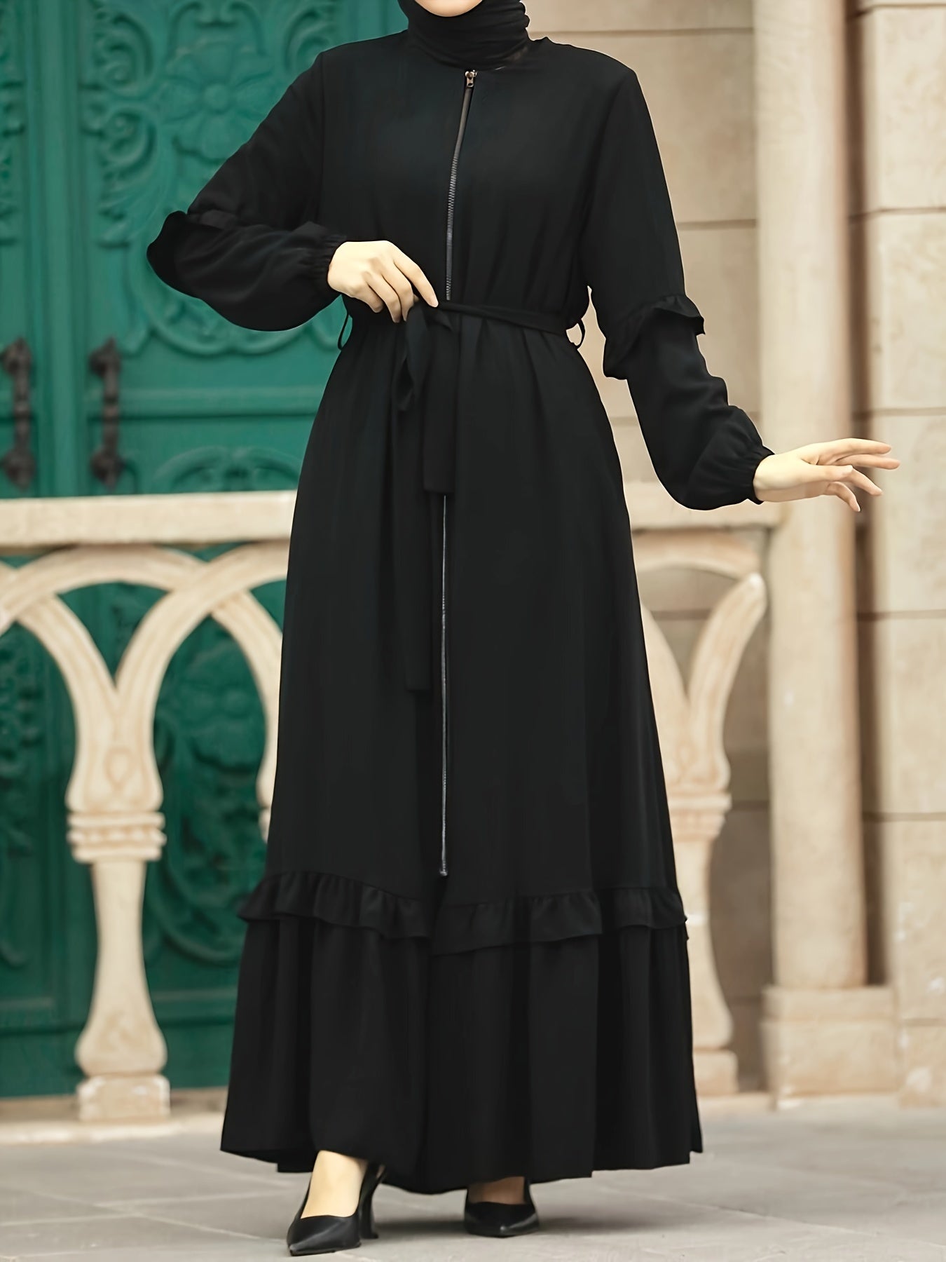 Elegant Modest Maxi Kaftan Dress - Long Sleeve, Tie-Waist with Chain Detail, Zip-Front, Durable All-Season Women's Fashion