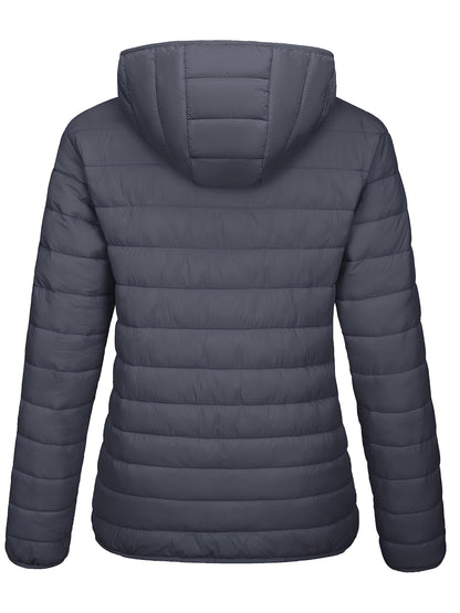 Water Resistant Quilted Hooded Puffer Jacket - Women's Lightweight Windproof Winter Coat for Hiking Camping Outdoor - 4 Pockets Casual Solid Warm Fall Tops with Zip-up Design and Padded Insulation