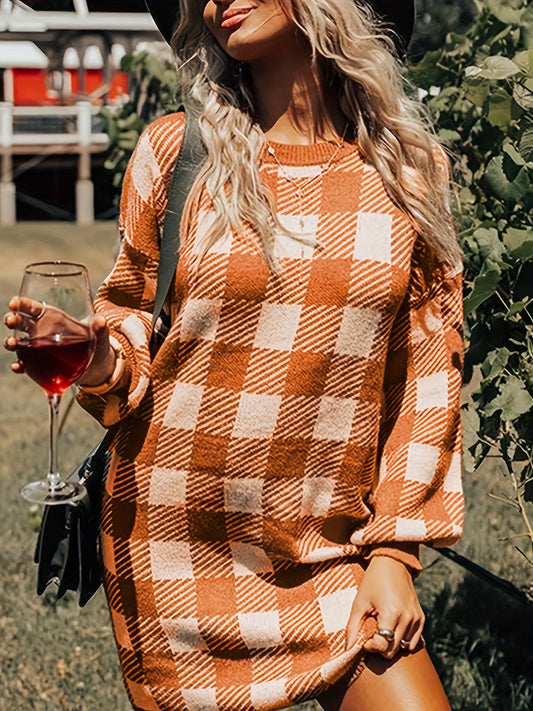 Cozy Chic Plaid Print Sweater Dress - Women's Casual Crew Neck Long Sleeve Dresses for Autumn Winter - Soft, Warm, and Comfortable Clothing for Ladies