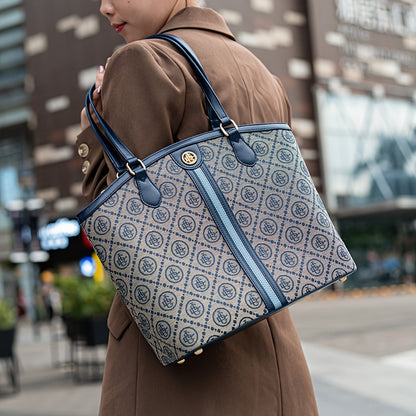 Casual Canvas Tote Bag with Embroidered Pattern, Blue Zippered Shoulder Bag with Fixed Straps, Polyester Lined Sling Bag from Guangzhou - Do Not Wash