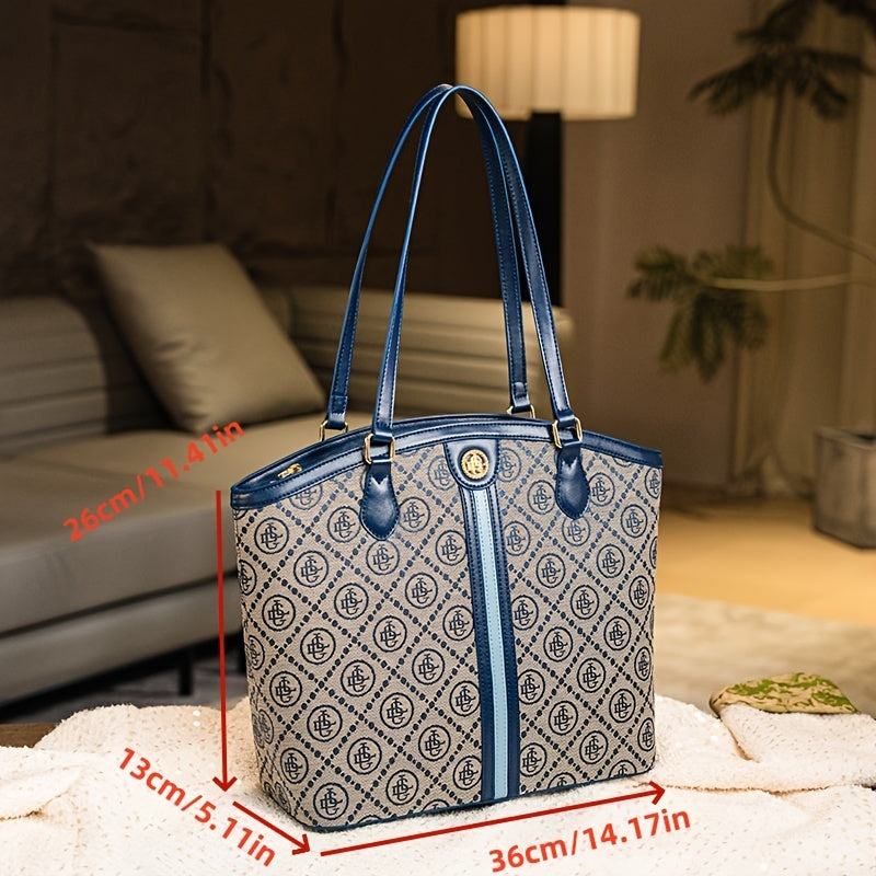 Casual Canvas Tote Bag with Embroidered Pattern, Blue Zippered Shoulder Bag with Fixed Straps, Polyester Lined Sling Bag from Guangzhou - Do Not Wash