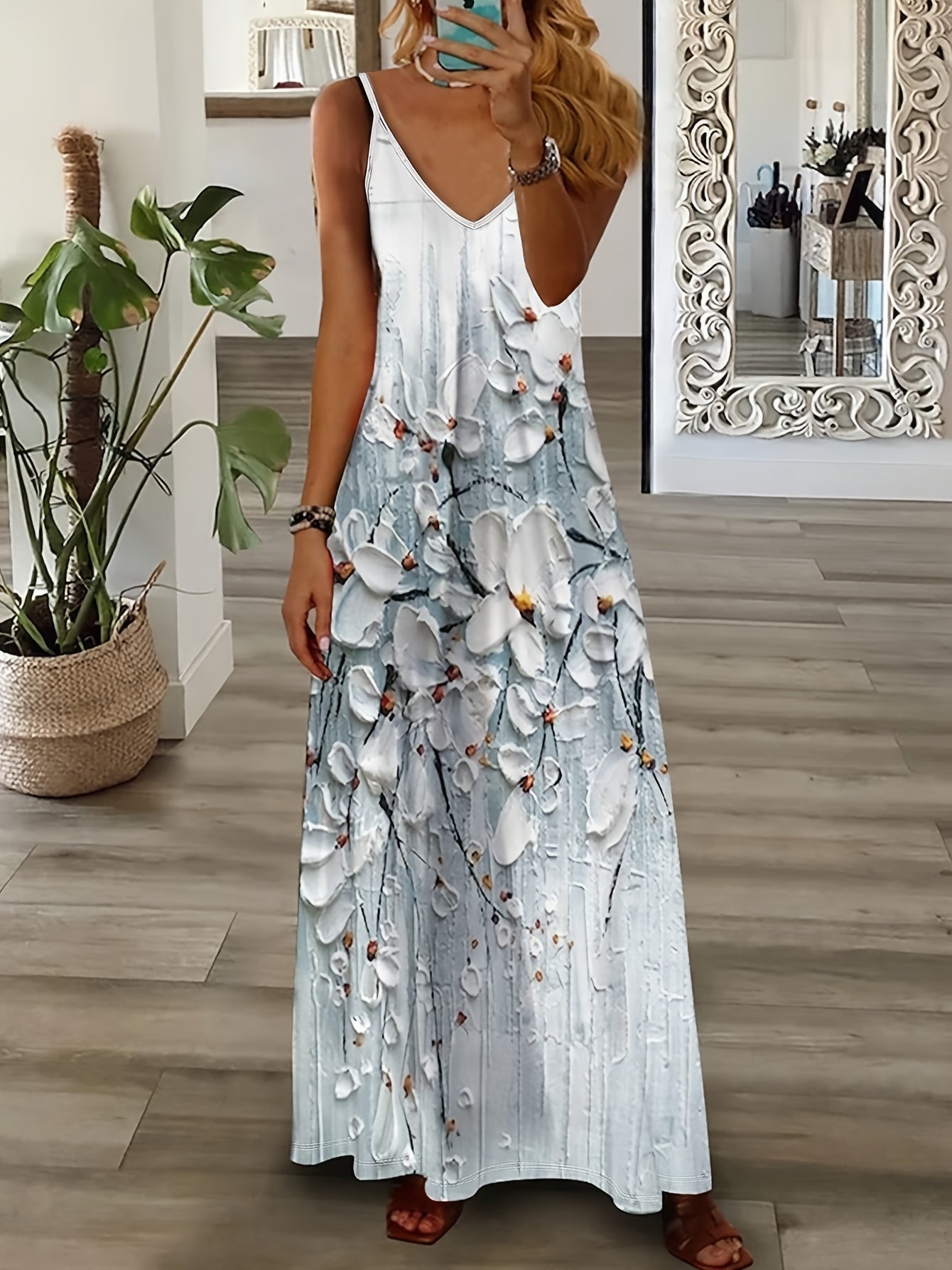 IKEARLAX Boho Chic Sleeveless Maxi Dress - Breezy Floral V-Neck Design with Adjustable Straps for Summer Elegance