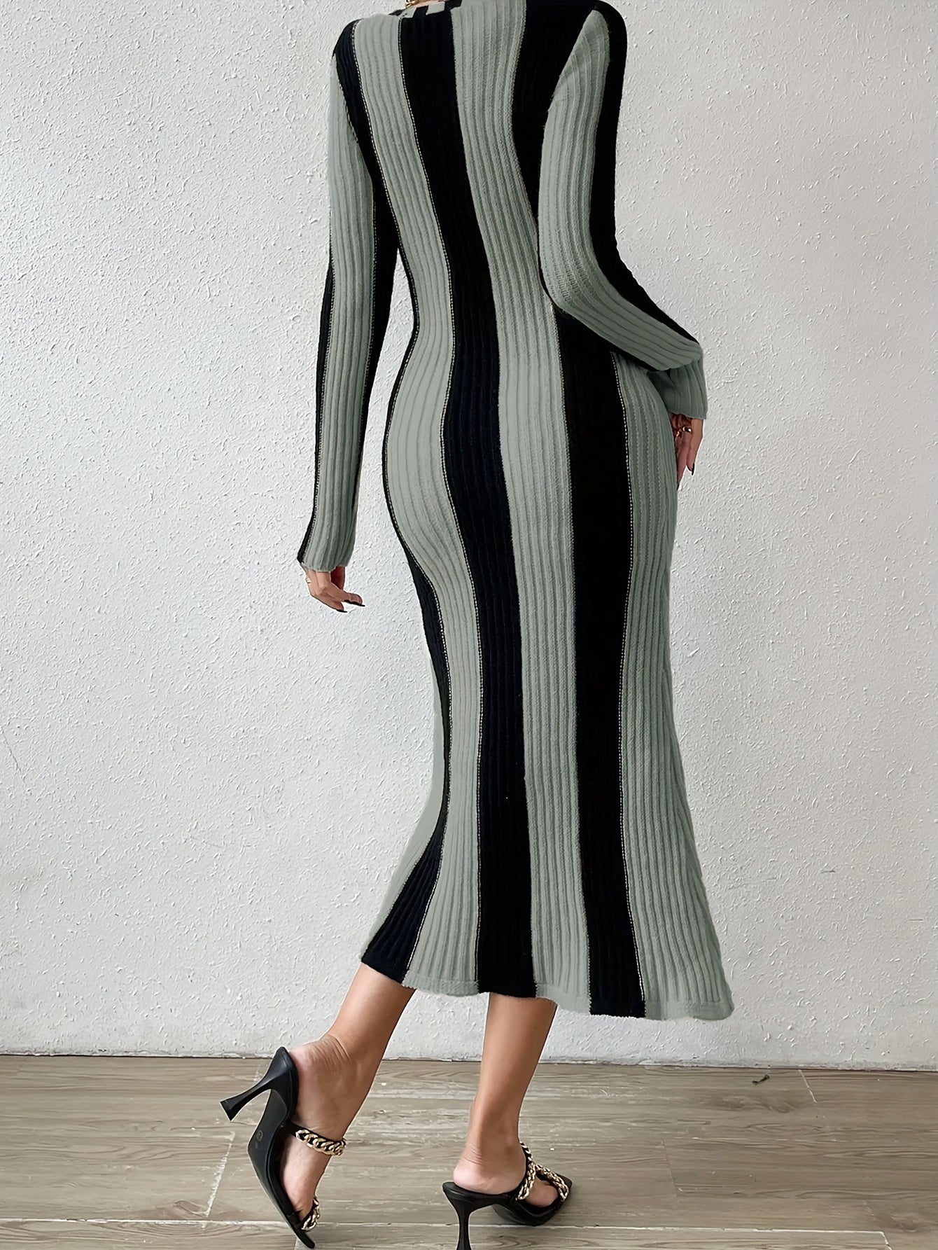 Vibrant Striped V-Neck Midi Dress - Elegant Long Sleeve, Bodycon Sheath Design, Comfortable Spring & Fall Essential, Women's Formal Clothing for Work, Date Night or Special Occasions