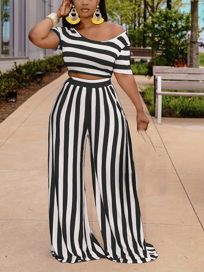 Two-Piece Striped Crop Top and Wide Leg Pants Set - Soft Mid-Elasticity Polyester Fabric, Scoop Neck, Short Sleeve, Random Printed, Casual Outfit for Spring/Summer