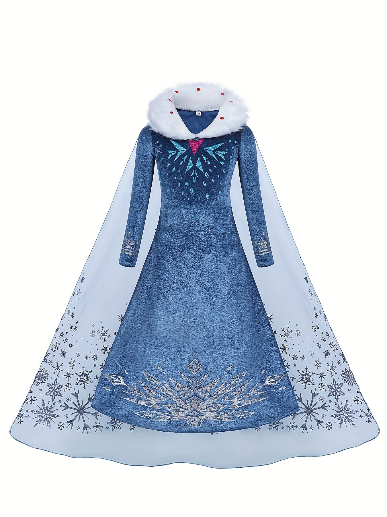 Girl's Princess Dress, Furry Collar Mesh Cape Snowflake Print Long Sleeve Dress, Ice Snow Queen For Halloween Holiday Party Prom Birthday Performance