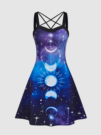 IKEARLAX Galaxy Cami Dress - Sleek and Chic Sleeveless Design, Flattering Crisscross Spaghetti Strap Accent, Perfect for Everyday Wear - Designed Exclusively for Women, Casual Print Dress for a Stylish You