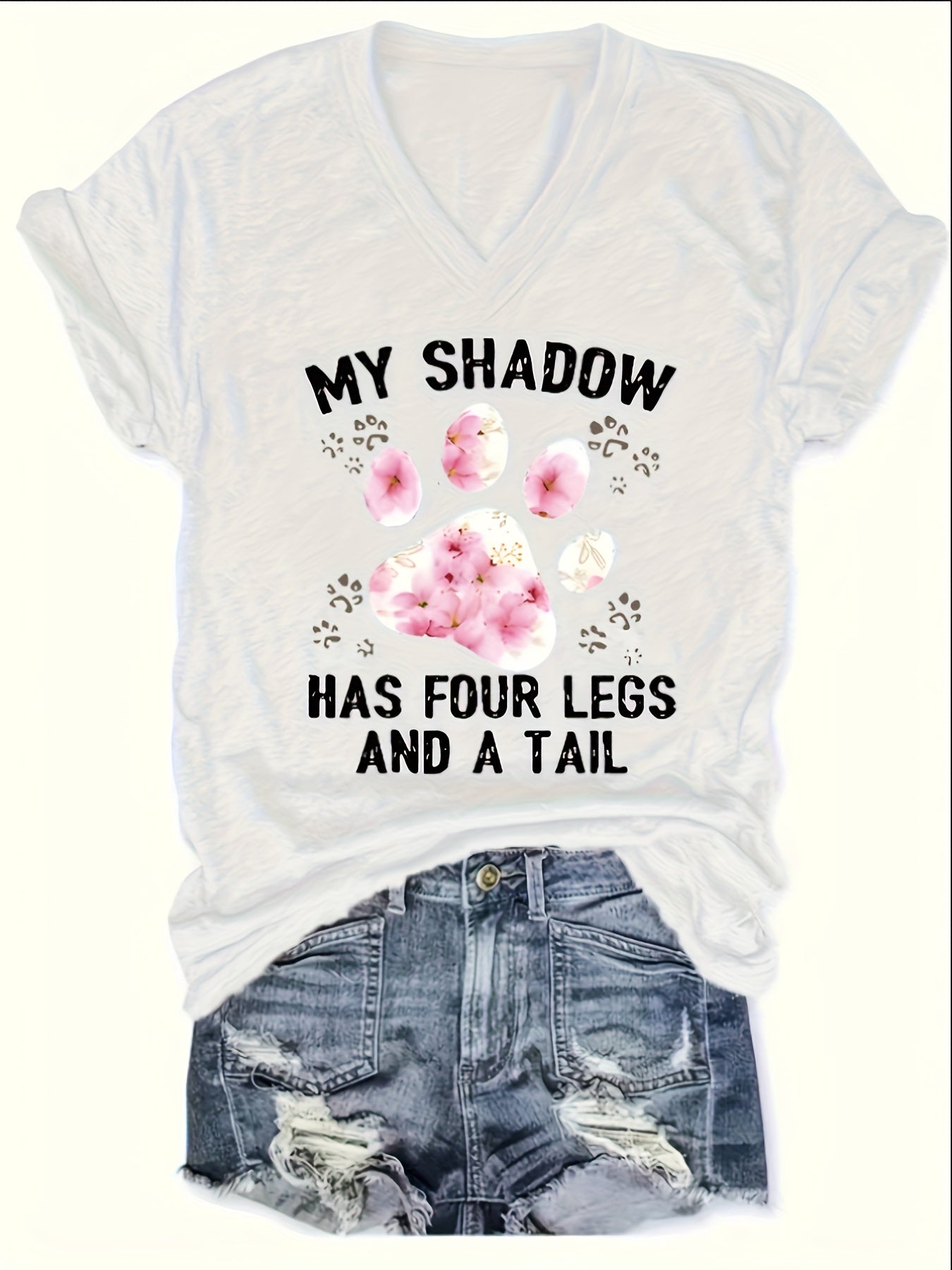 Women's Paw Print V-Neck T-Shirt - Comfy Short Sleeve Casual Top, Perfect for Spring & Summer, Fashionable Everyday Wear