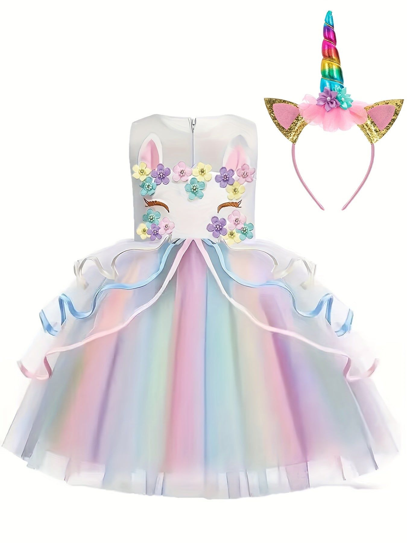 Girls Unicorn Princess Dress Cute Unicorn Floral Print Mesh Princess Dress Tulle Dresses (with Headgear)