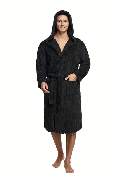 Men's Comfy Solid Fleece Robe Home Hooded Pajamas Wear With Pocket, One-piece Lace Up Kimono Night-robe Warm Sets After Bath