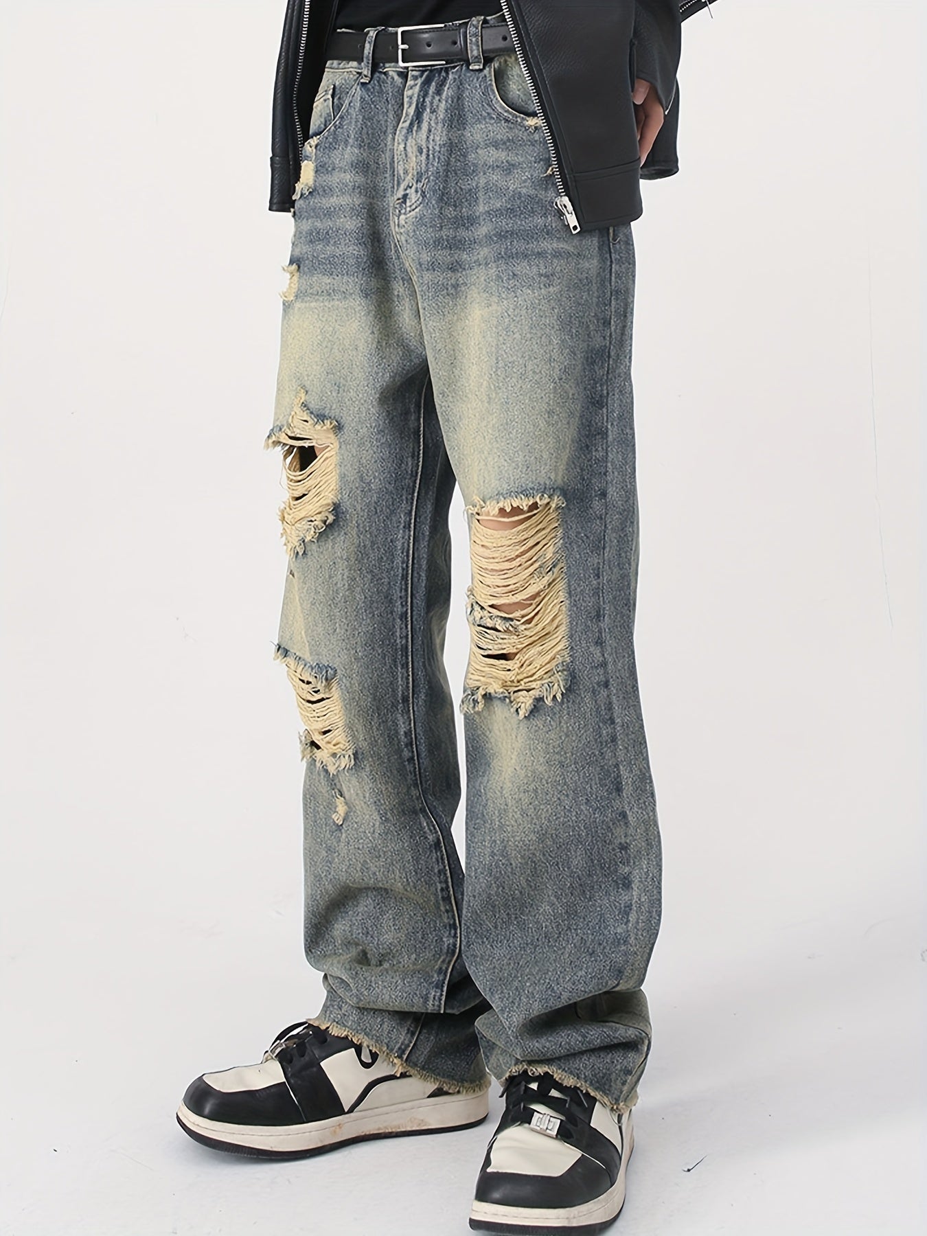 Mens Retro Style Distressed Loose Fit Straight Leg Jeans - High Street Fashion, Washed, Yellowed, Scraped, and Torn Details - Comfortable, Relaxed Pant for Casual Wear