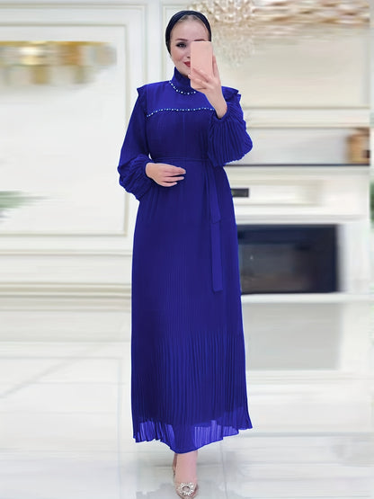 Sparkling Ramadan Elegance - Rhinestoned Pleated Mock Neck Maxi Dress with Adjustable Tie Waist and Lantern Sleeves - A Modest, Timeless Choice for Women