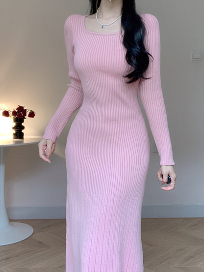 Stylish Long Sleeve Knitted Sweater Dress - Women's Elegant Square Neck Sweater Dress for Fall and Winter - Soft, Cozy, and Chic Clothing for Ladies