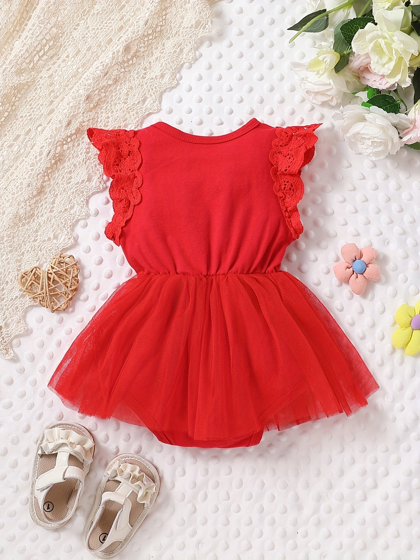 Baby Girls Cute MY FIRST CHRISMAS Letter Print Lace Flying Sleeve Dress Princess Mesh Skirt For Christmas Party And Outdoor Wear