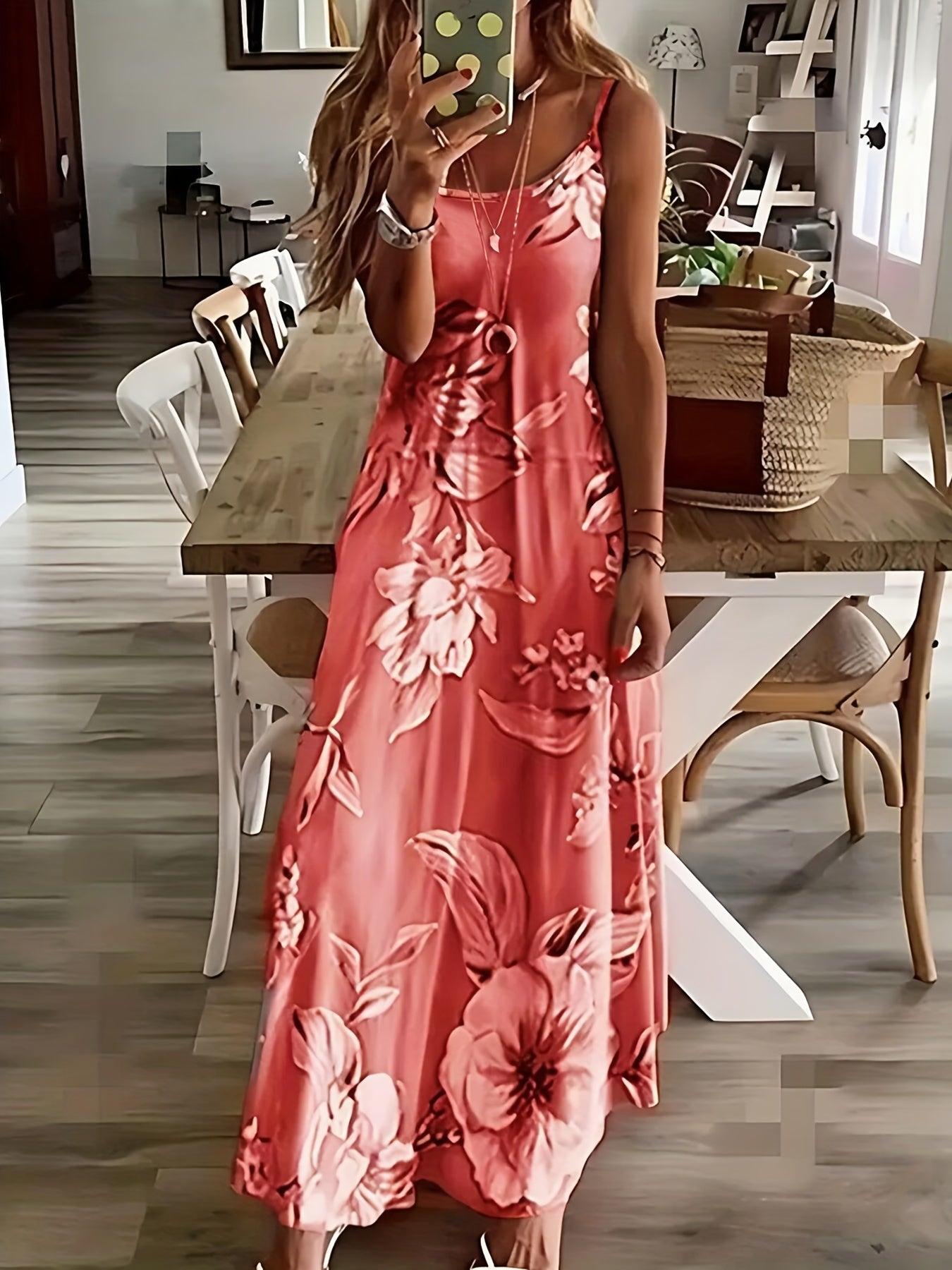 IKEARLAX Elegant Summer Floral Maxi Dress - Stretchy Knit, Spaghetti Strap, Perfect for Vacation & Casual Wear