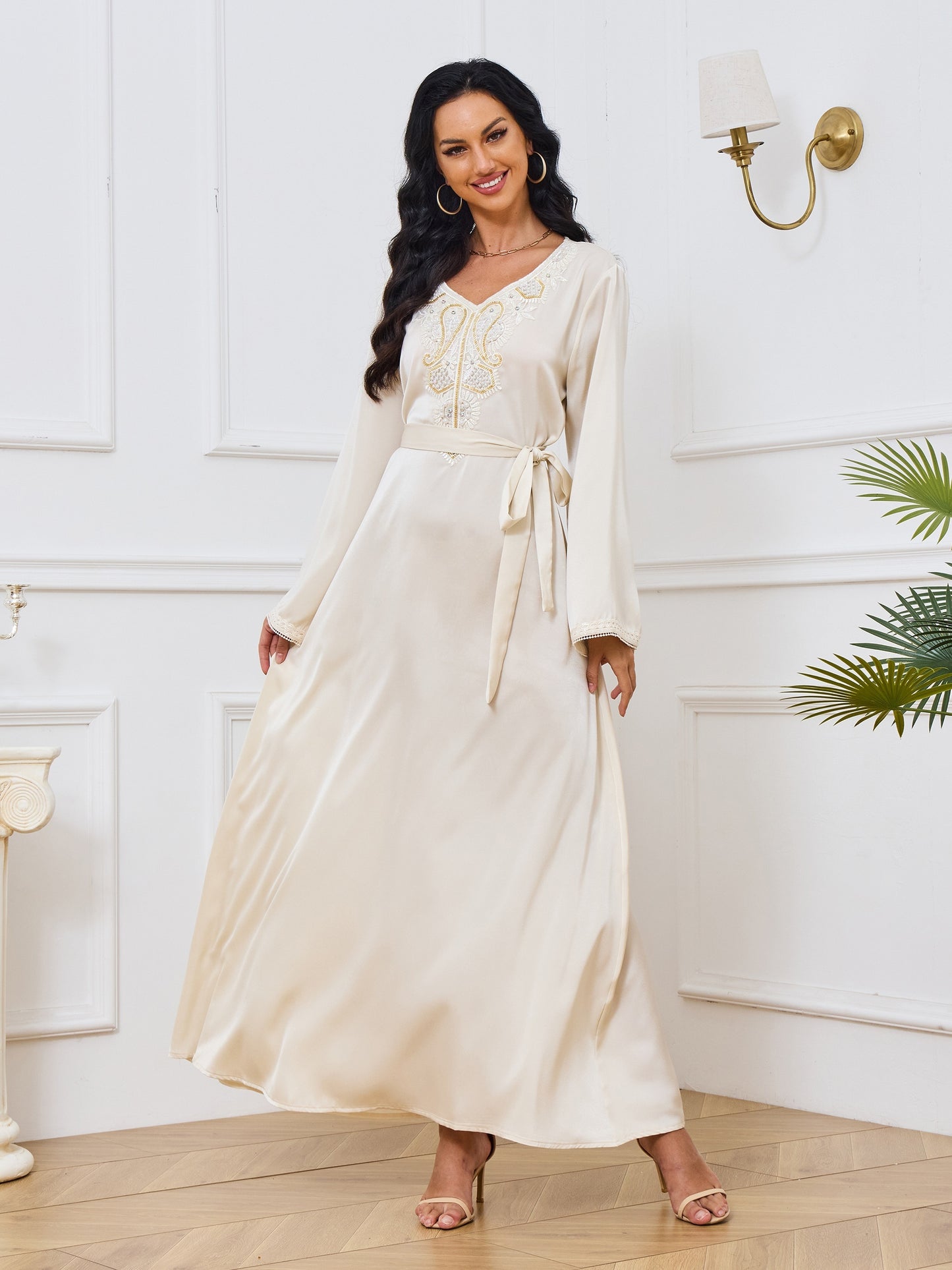 Ramadan Floral Charm - Luxurious Beaded Kaftan Dress with Long Sleeves & Tied Crew Neck - A Timeless, Flowy & Comfortable Womens Clothing Choice for Festive Occasions