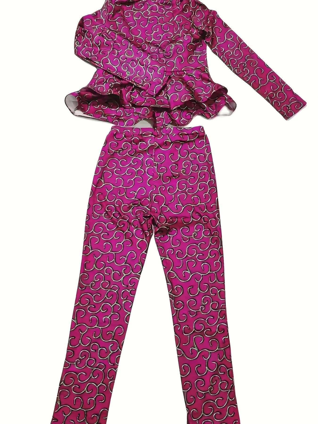 Chic Casual Floral & Geometric Ruffle Top and Pants Suit Set - Women's All-Season, Easy Care Outfit