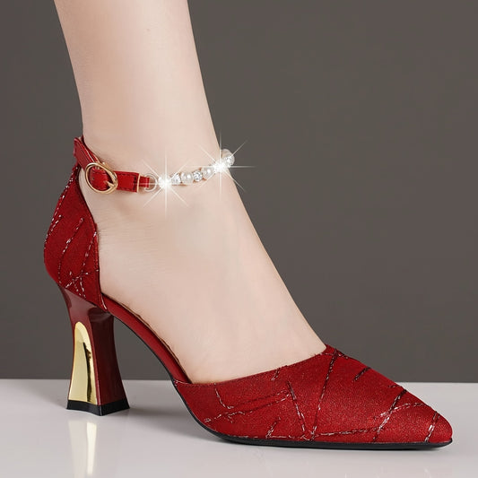 Chic Solid Color Pearl Strapped Sandals - Sparkling Rhinestone Buckle, Glamorous High Heel, Ideal for Wedding & Party Events