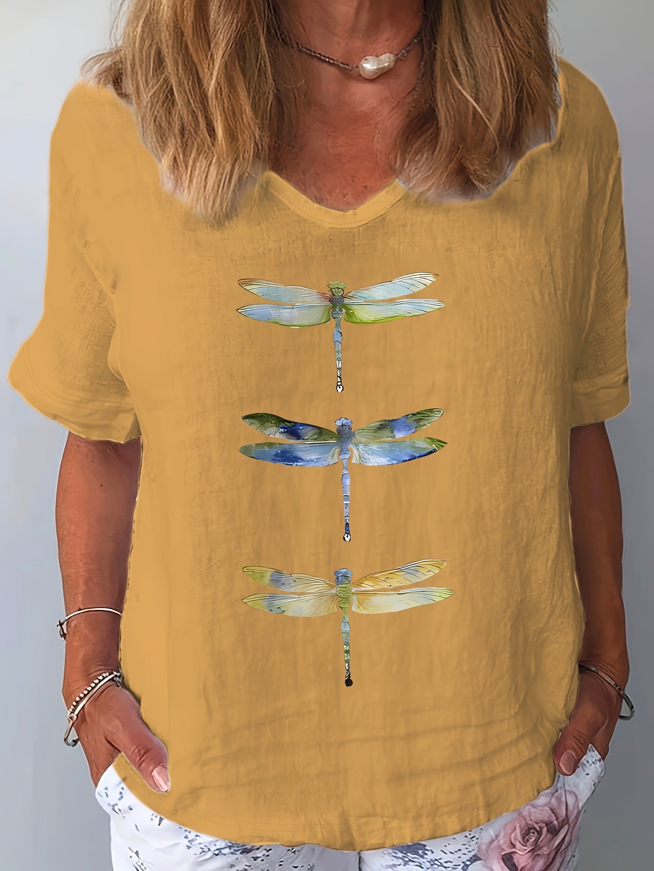 Vibrant Dragonfly Cartoon Print V-Neck T-Shirt - Soft Cotton, Relaxed Fit, Casual Short Sleeve Top for Women - Perfect for Spring and Summer