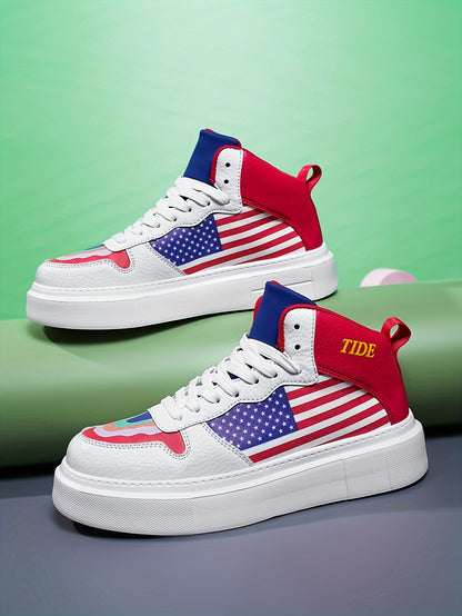 Men's Non Slip High Top Skate Shoes, American Flag Style Trendy Casual Sneakers For Autumn And Winter - Outdoor Street Walking Traveling