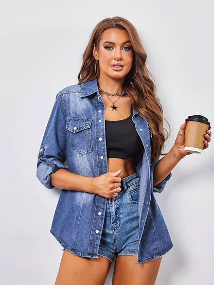 Casual Style Washed Blue Button Up Long Sleeve Denim Shirts Top, Women's Denim Jeans & Clothing