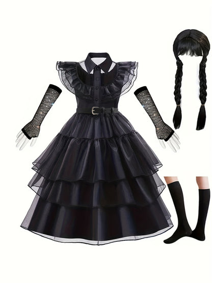 Girls Dress Set Sleeveless Ruffle Princess Dress & Wig & Socks & Gloves Dark Style Halloween Party Cosplay Costumes 4 Pcs Kids Clothes