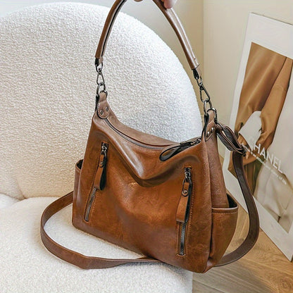 Large Capacity Fashion PU Leather Shoulder Tote Bag for Women - Dual Shoulder Straps Hobo Handbag with Zipper Closure