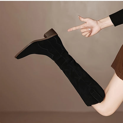 Knee High Boots - Ultra-Comfortable Slouchy Design, Trendy V-Cut, Easy Pull-On, Chunky Heel, Classic Cowboy Style - Exclusively for Women, Fashion-Forward, Solid Color Options