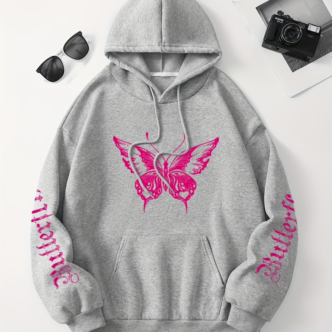 Chic Butterfly & Letter Graphic Hoodie - Comfy Drawstring Design with Kangaroo Pocket, Versatile Casual Wear for Women