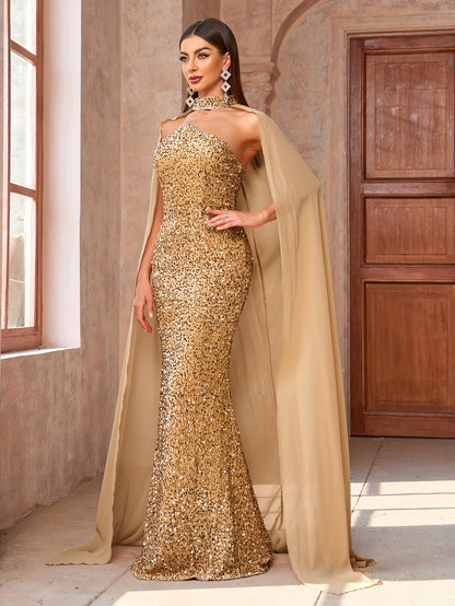 Long Sequin Mermaid Bodycon Dress - Elegant Strapless Backless Floor Length Cloak Panel Design, Micro Elasticity, Solid Color, Customized for Womens Party & Banquet