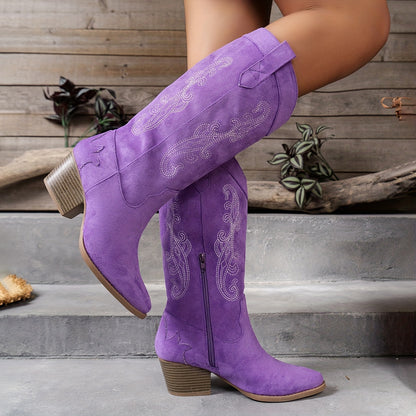 Chic All-Season Women's Riding Boots: Embroidered, Block Heel, Pointed Toe, Easy Zip - Casual and Trendy