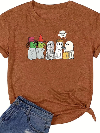 Halloween Themed Crew Neck Short Sleeve T-Shirt - Soft Rayon Fabric, Mid Elasticity, Regular Length, Machine Washable, Casual Style for Spring & Summer - Womens Clothing for All Seasons