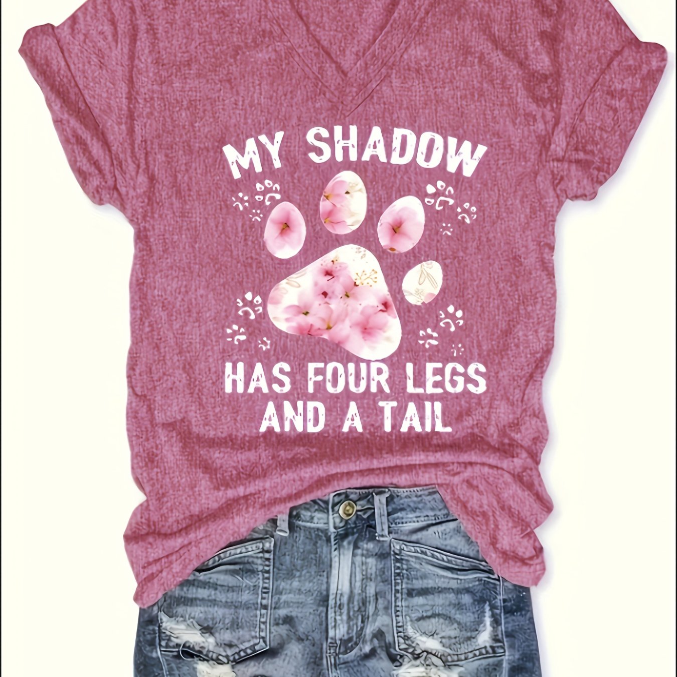 Women's Paw Print V-Neck T-Shirt - Comfy Short Sleeve Casual Top, Perfect for Spring & Summer, Fashionable Everyday Wear