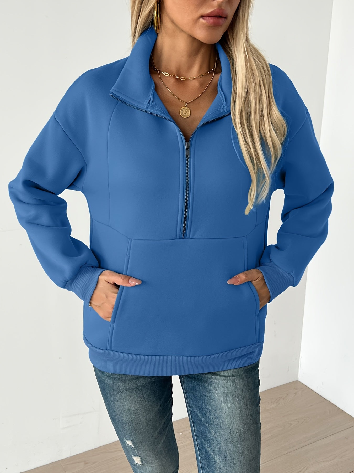 Cozy Solid Half-Zip Pullover Sweatshirt - Soft, Casual, Long Sleeve, Kangaroo Pocket, Fall & Winter Essential - Women's Comfortable Clothing for Chilly Days