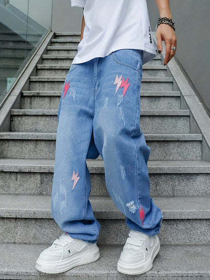 Comfy Relaxed Fit Wide Leg Embroidered Jeans - Stylish Men's Denim Pants with Lightning Pattern - Loose Fit, Soft Fabric, and Fashionable Design