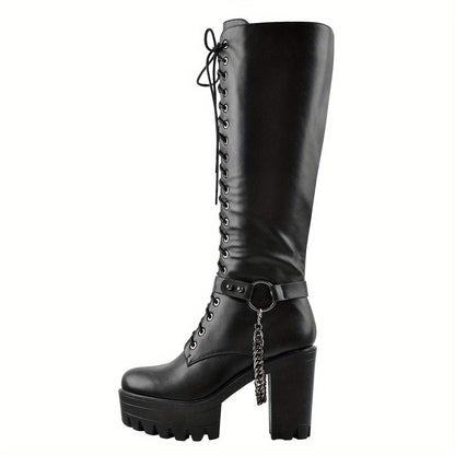 All-Season Women's Chunky Platform Heel Boots - Punk Style with Lace-Up, Side Zipper & Chain Accent