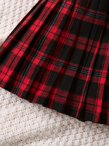 Chic Red Plaid Pleated Skirt for Girls - Perfect Christmas & Birthday Gift, Versatile Preppy Style, Machine Washable