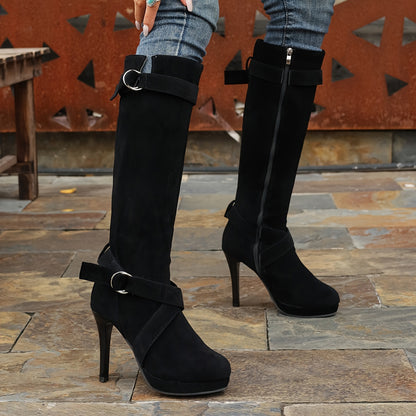 Chic Womens High Knee Boots - Fashionable Solid Hue with Smooth Zipper & Buckle Accent - Comfortable Casual High Heel Stretch Slim Design