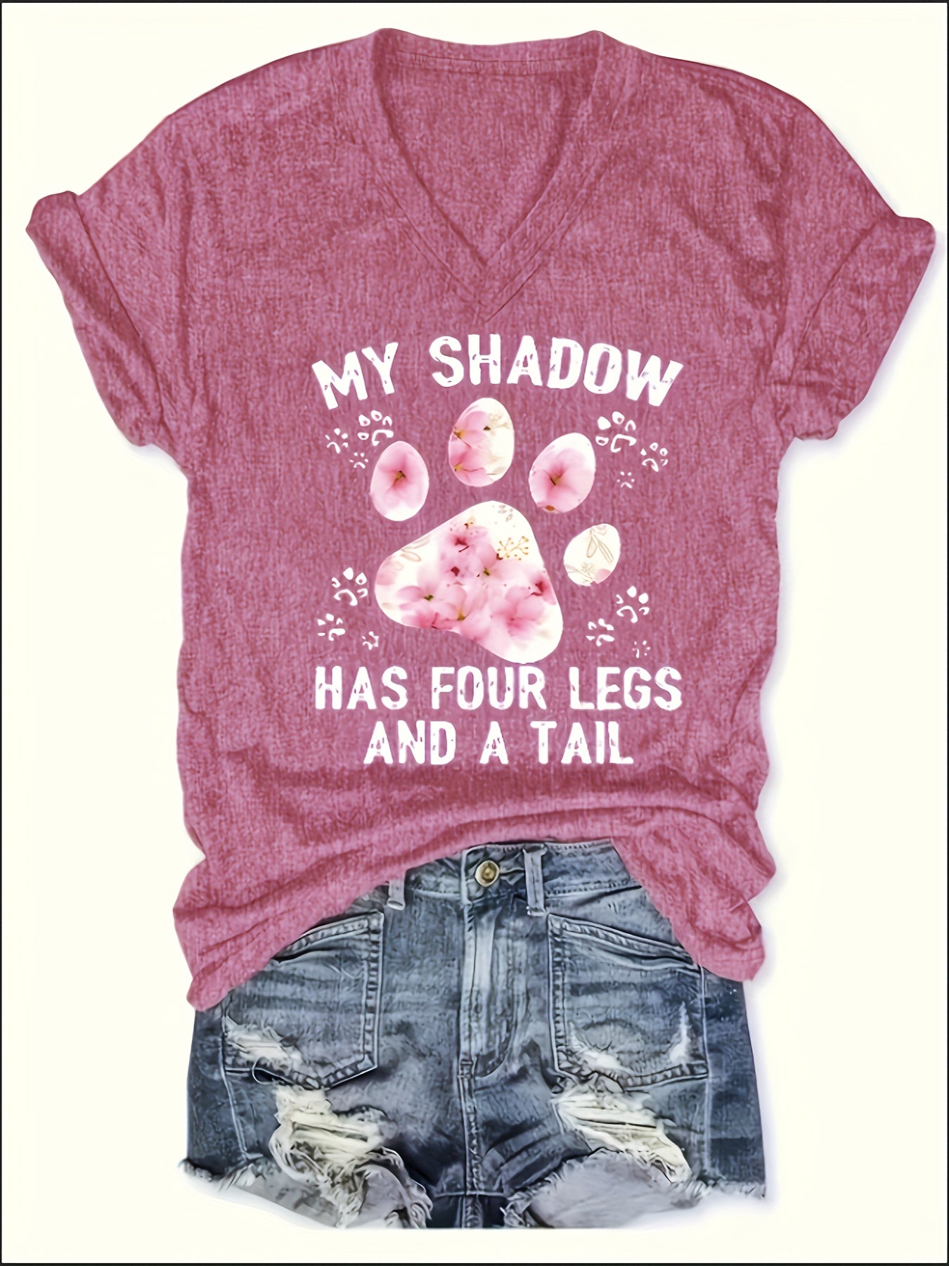 Women's Paw Print V-Neck T-Shirt - Comfy Short Sleeve Casual Top, Perfect for Spring & Summer, Fashionable Everyday Wear