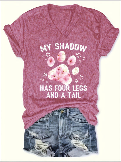 Women's Paw Print V-Neck T-Shirt - Comfy Short Sleeve Casual Top, Perfect for Spring & Summer, Fashionable Everyday Wear