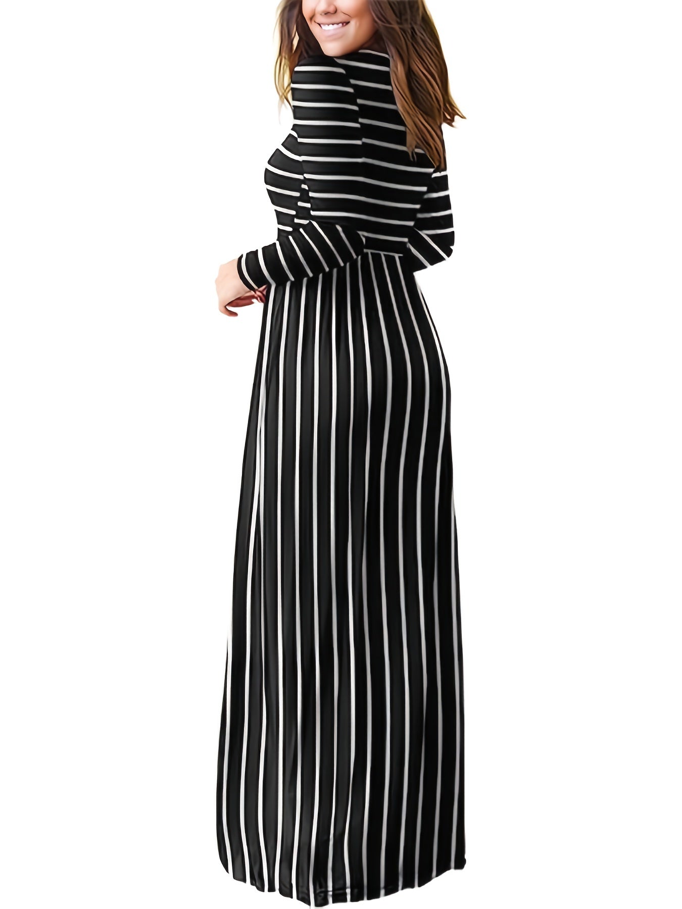 Fall/Winter Chic: Cozy Geometric High-Waist Maxi Dress with Crew Neck, Long Sleeves - Durable & Easy-Care, Perfect for Daily Wear